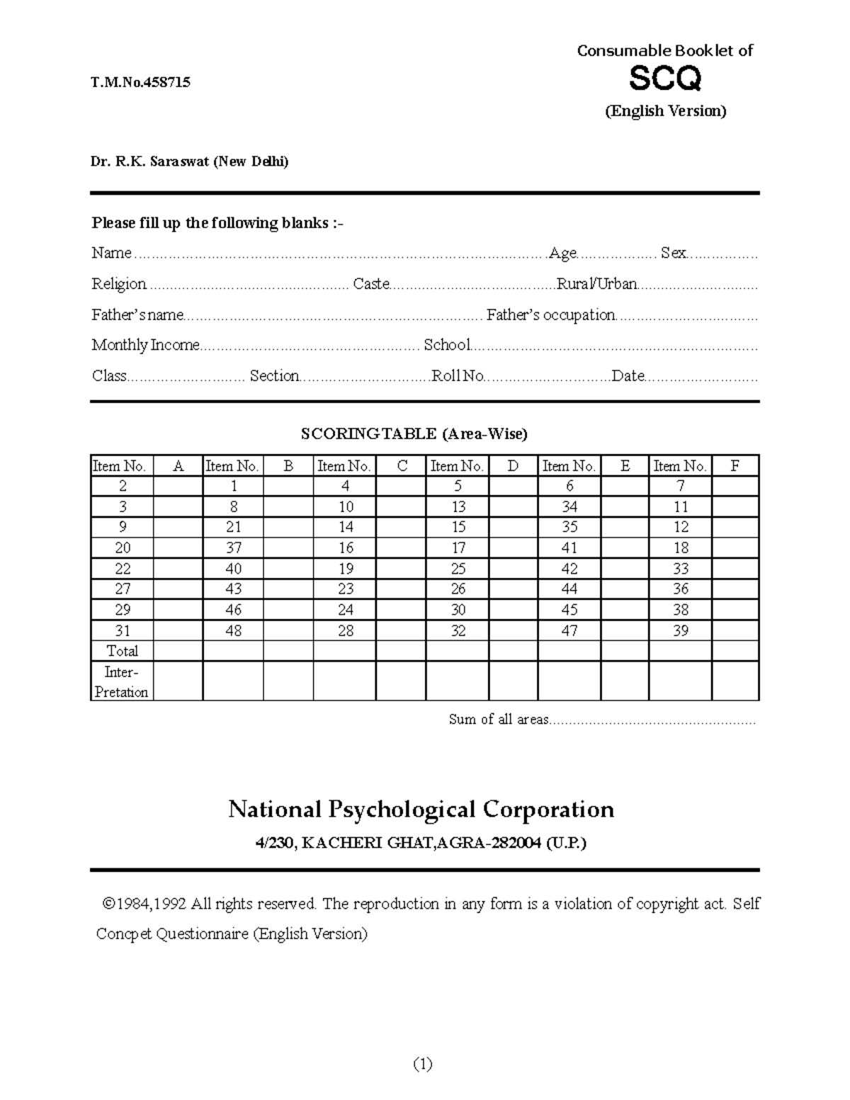 SCQ Manual: Self Concept Questionnaire (English Version) - Studocu