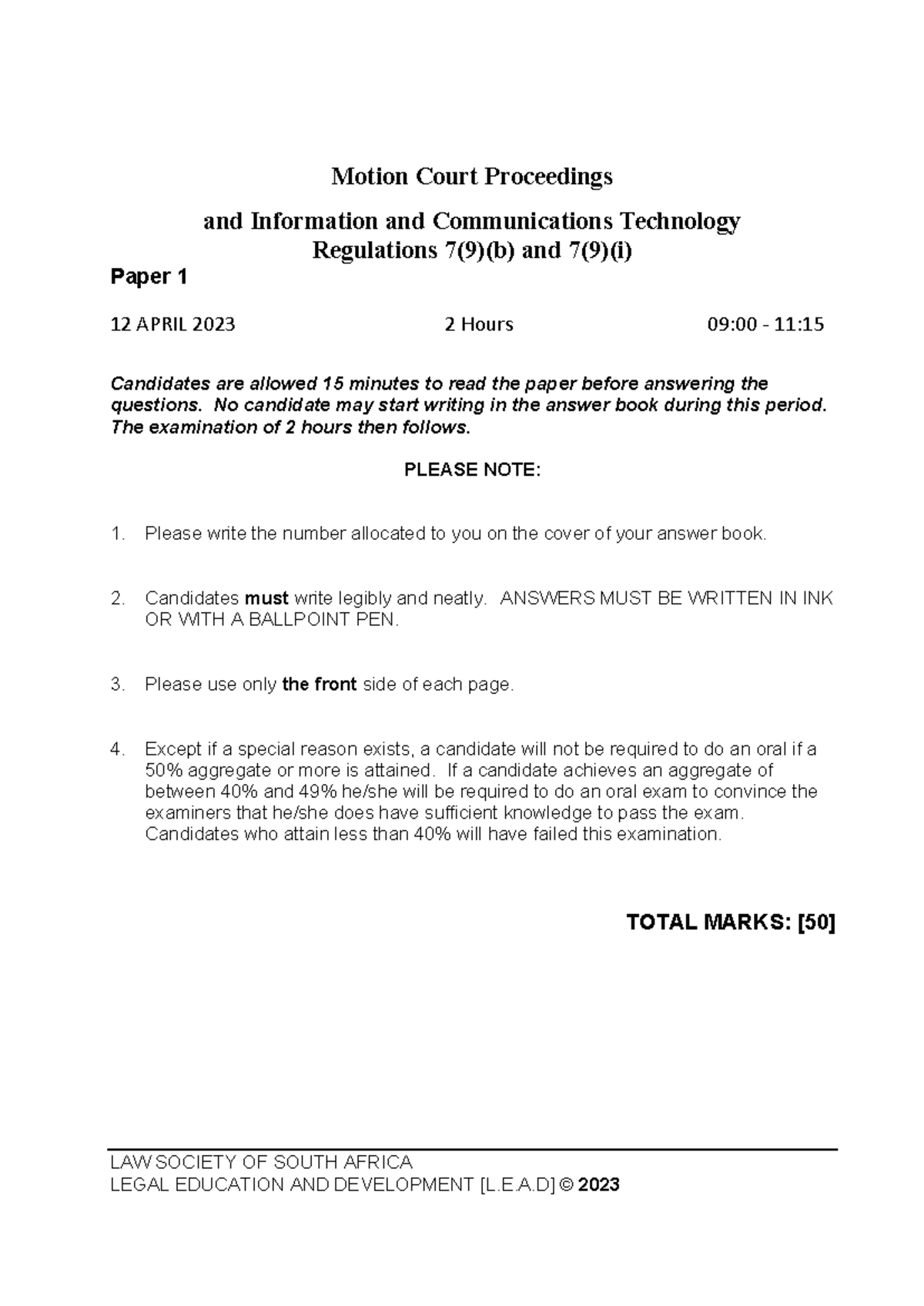 Paper 1: Motion Court Proceedings & ICT Regulations F2023-1 - Studocu