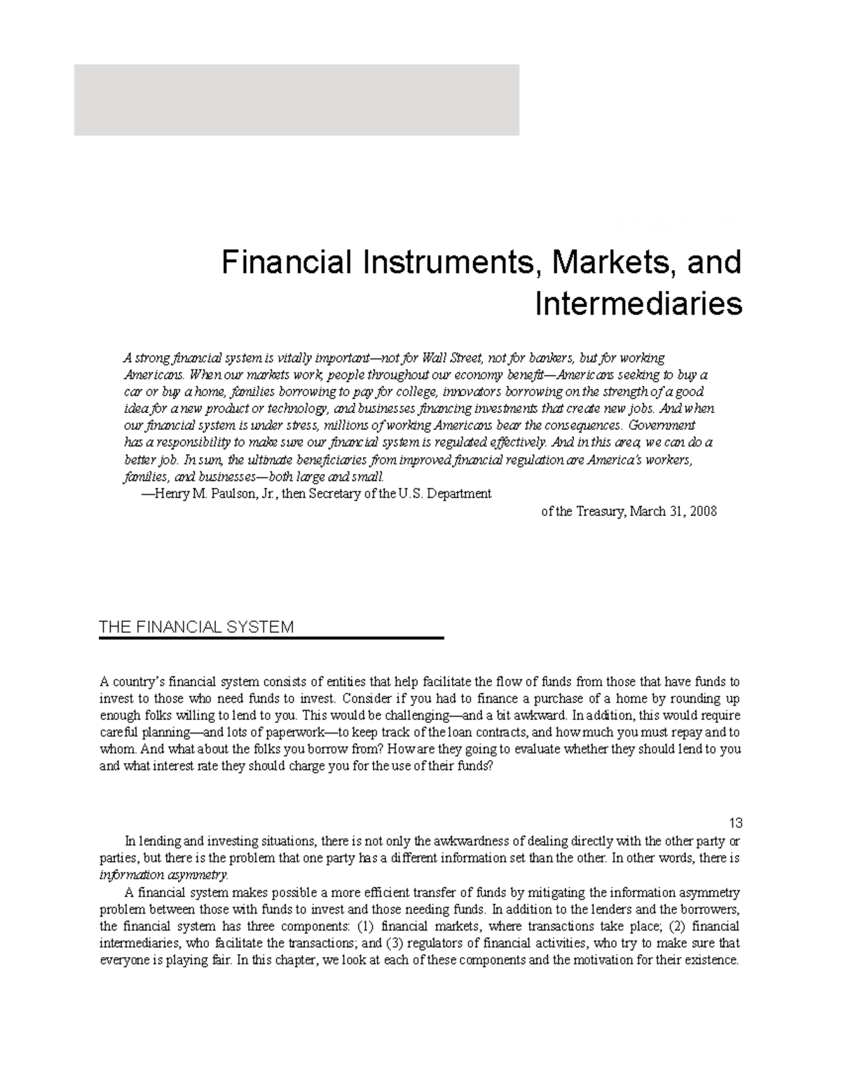 Chapter 13: Financial Instruments, Markets & Intermediaries Overview ...