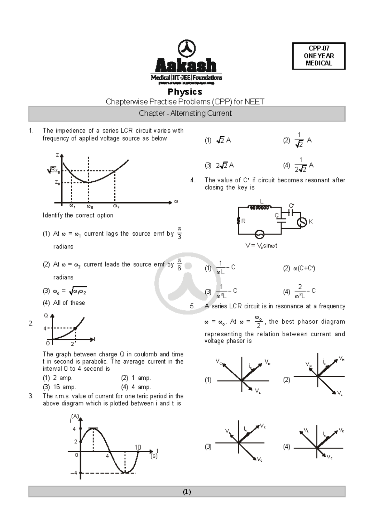 Chapterwise Practice Problems (CPP) in Physics: Alternating Current ...