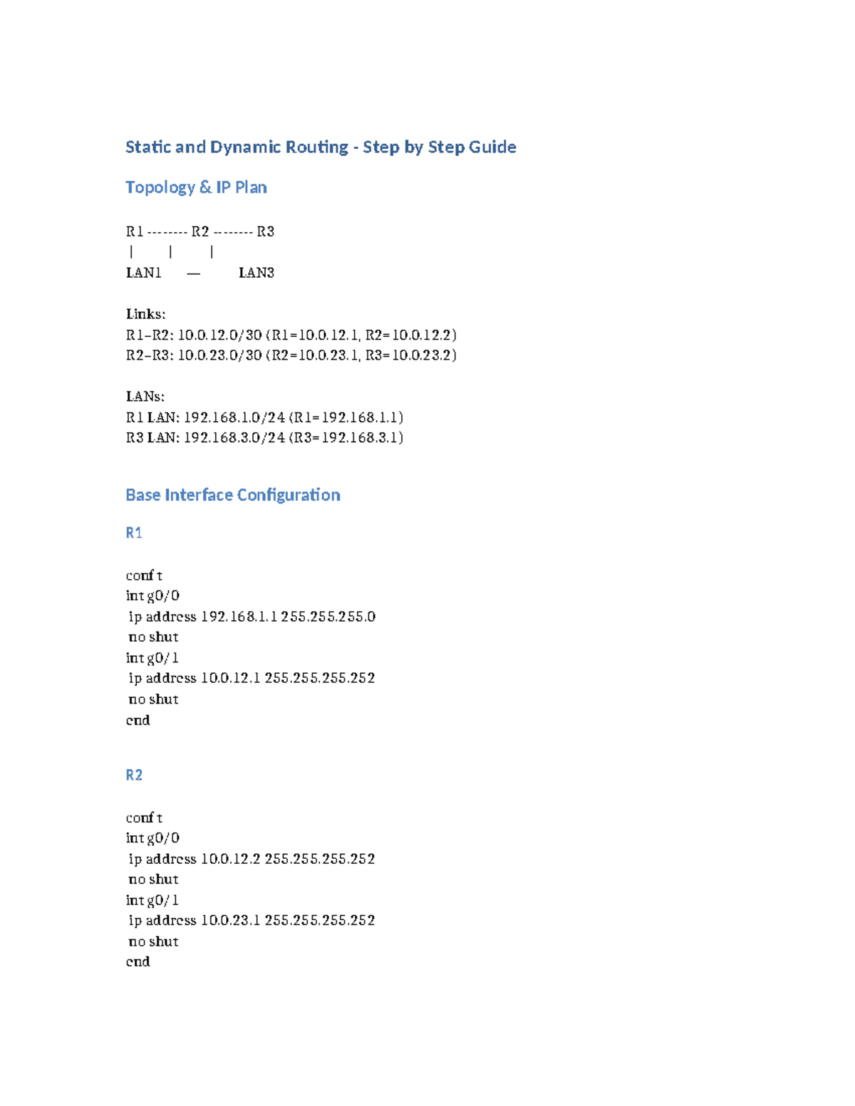 Static and Dynamic Routing Guide: IP Plan for R1, R2, R3 - Studocu