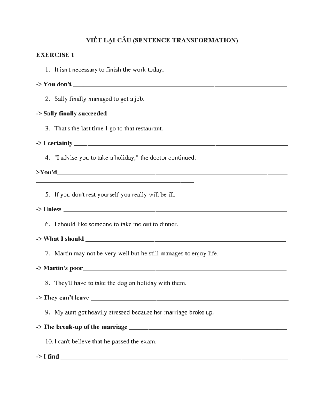 VIẾT LẠI CÂU (SENTENCE TRANSFORMATION) EXERCISES - Studocu