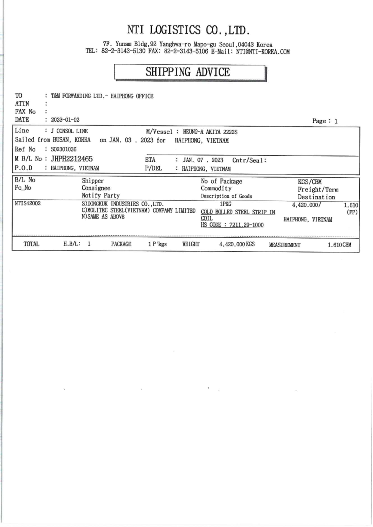 LCL Document - Shipment Details for MOLITEC STEEL (VN) - Studocu