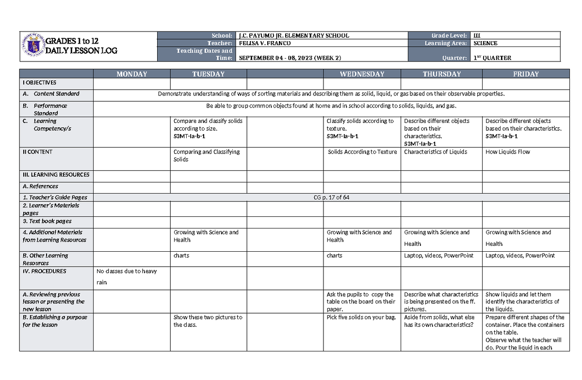 DLL Science 3 Q1 W2: Daily Lesson Log for Grade 3 - Studocu