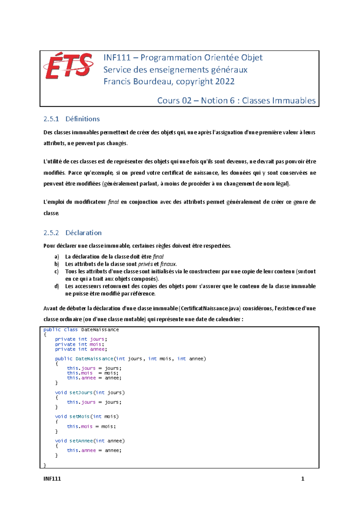 Cours 02 : Notion 6 - Classes Immuables en Programmation Orientée Objet ...