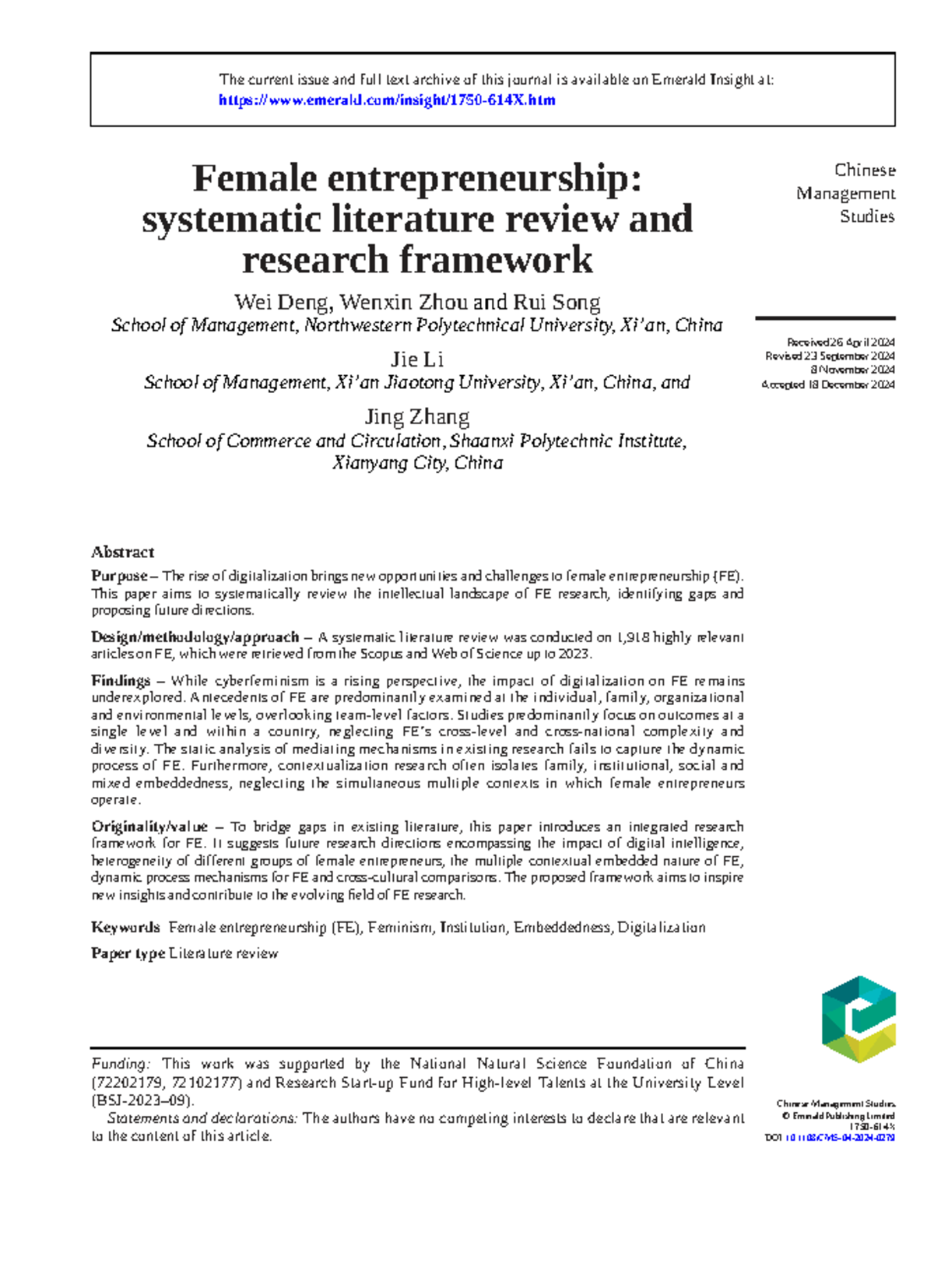 Female Entrepreneurship: Systematic Literature Review & Research ...