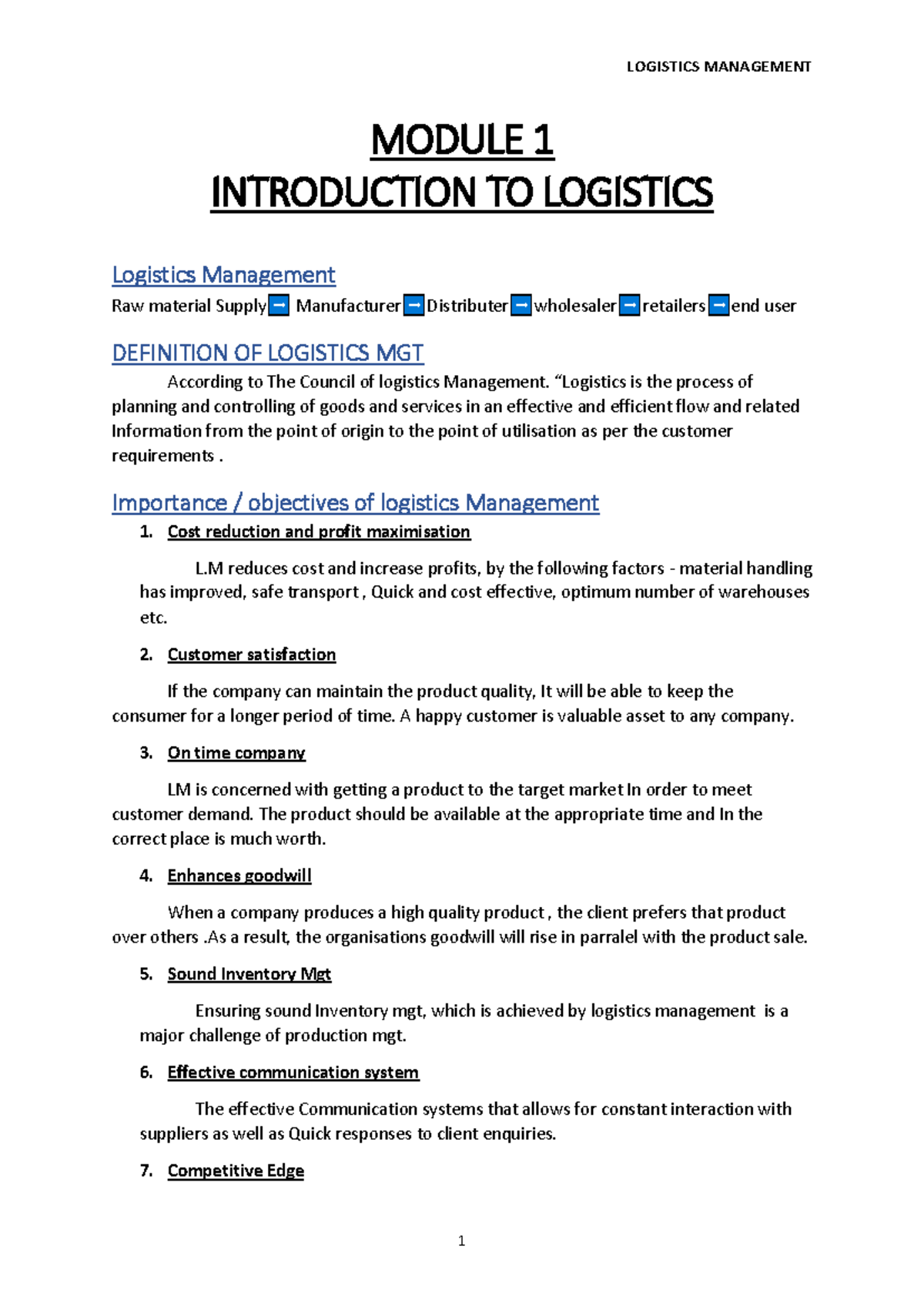 Logistics Management Lecture Notes - Understanding Core Concepts and Functions - Document Preview