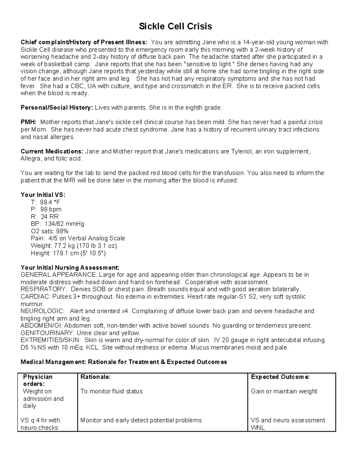 Sickle Cell Disease - Case Study Analysis for CJP Nursing Course - Studocu