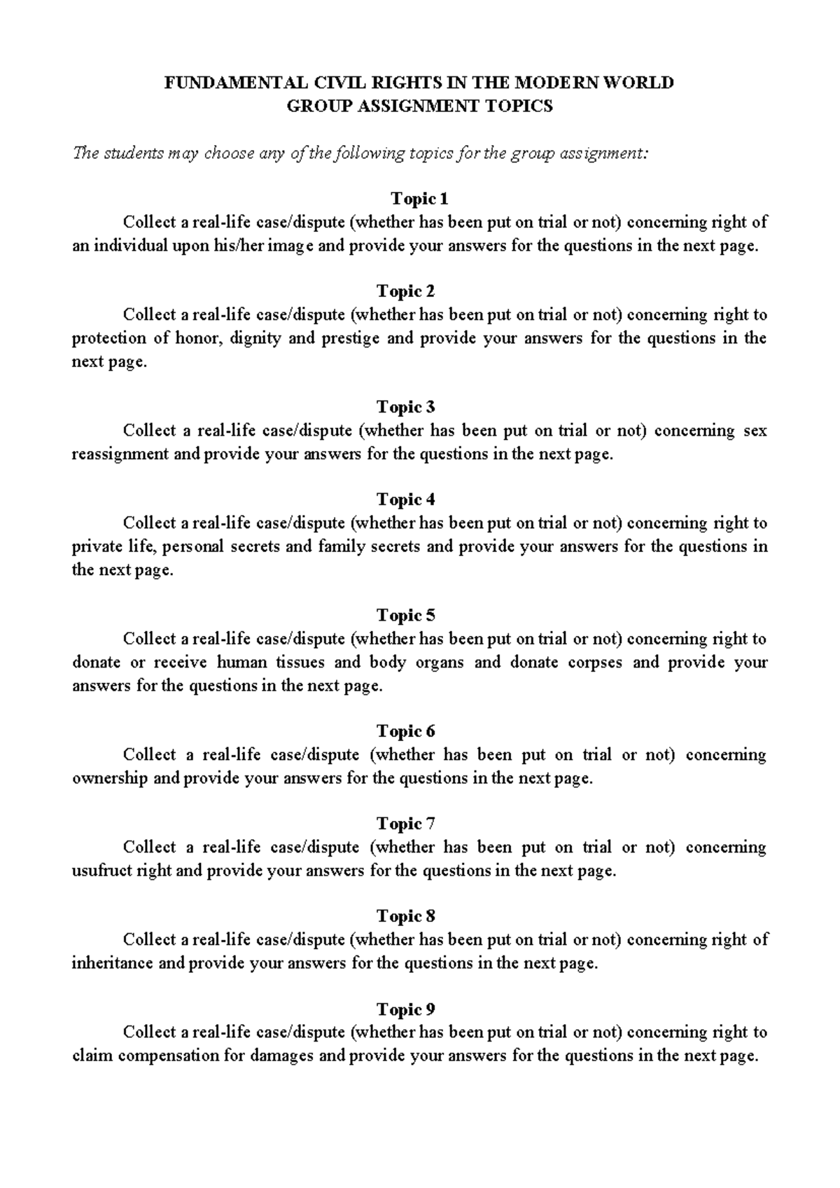 Fundamental Civil Rights Topics for Group Assignment (CIVL 101) - Studocu