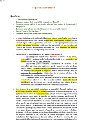 [Solved] La notion de parentalit selon Houzel 1999 couvre 3 axes le ...