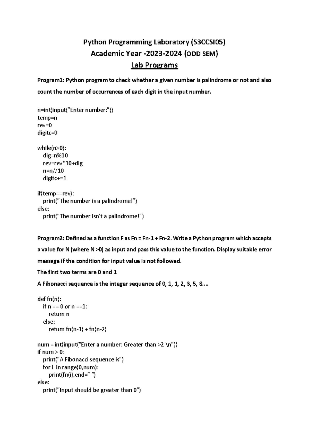 Python Programming Lab Solutions (S3CCSI05) - ODD SEM Programs - Studocu