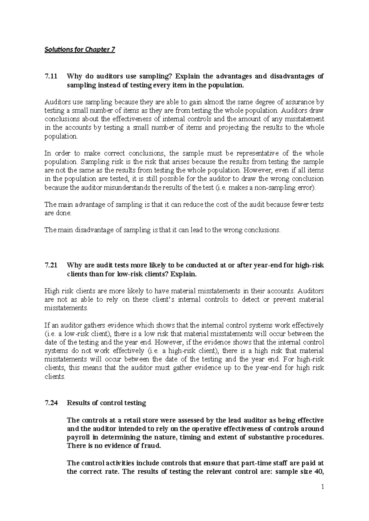 Solutions for ACCT 301 Chapter 7: Auditing Sampling & Control Testing ...