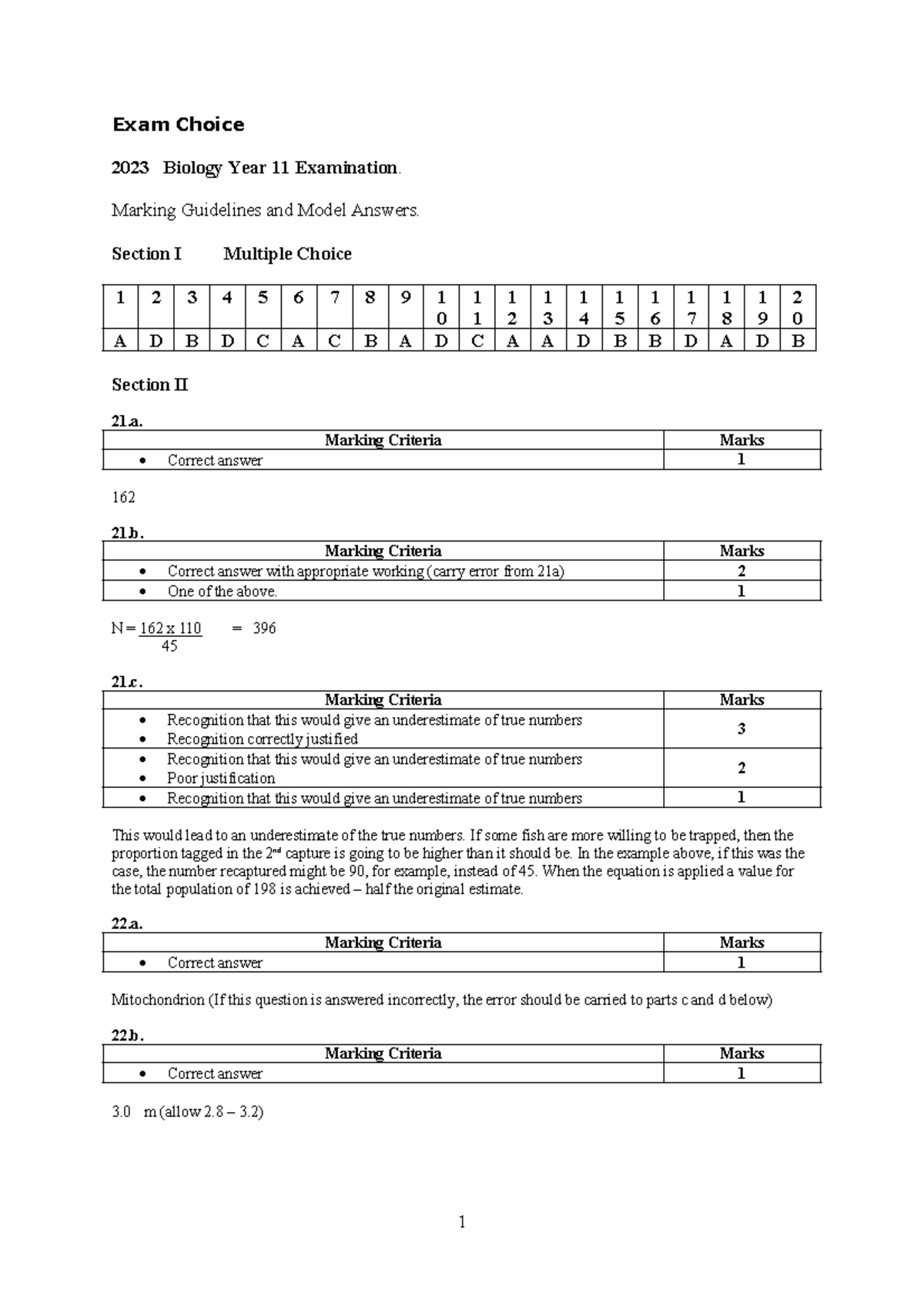 2023 Year 11 Biology Exam Choice: Marking Guidelines & Model Answers ...