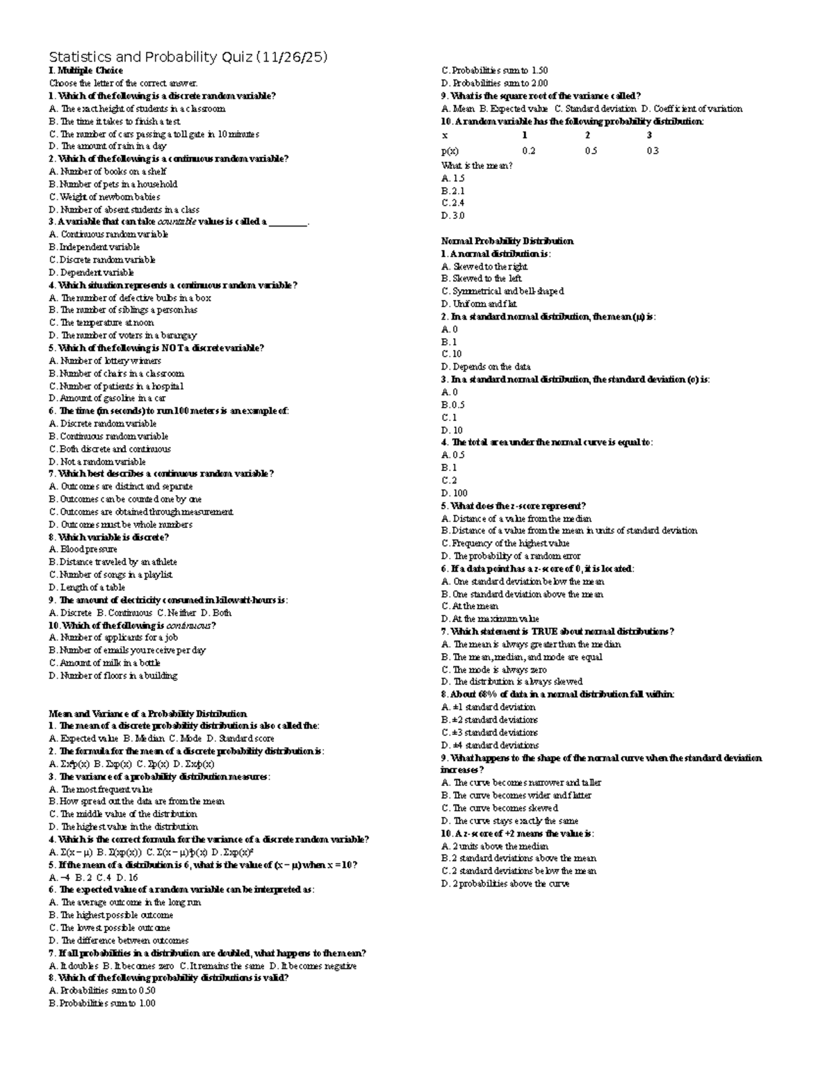Statistics and Probability Quiz I (W1-3): Multiple Choice Questions ...