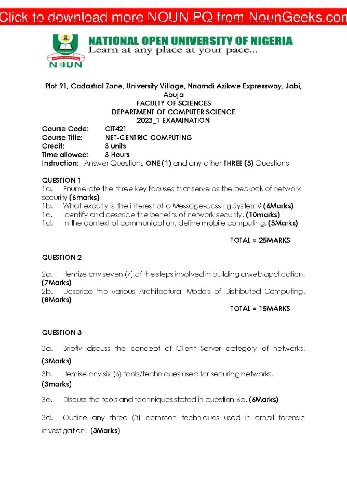CIT421 Final Exam: NET-CENTRIC COMPUTING Questions & Instructions - Studocu