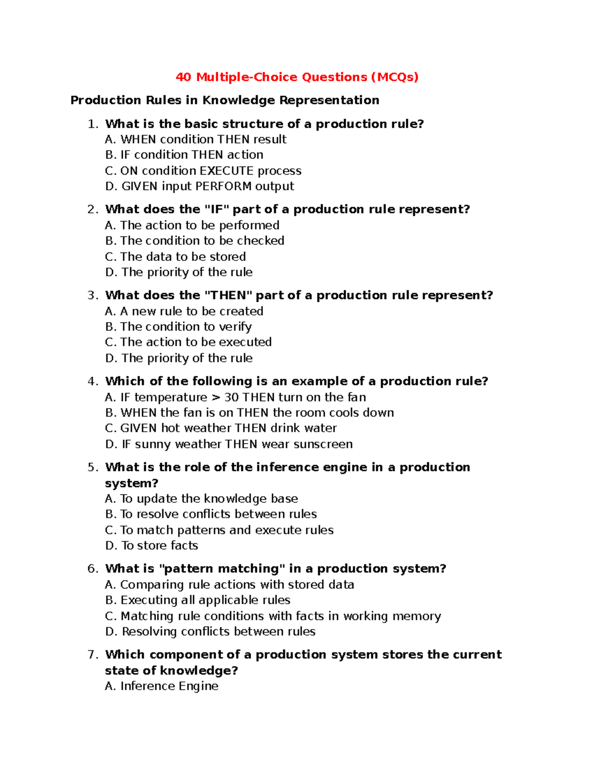AI Chapter 4: MCQs & Structural Questions on Production Rules - Studocu