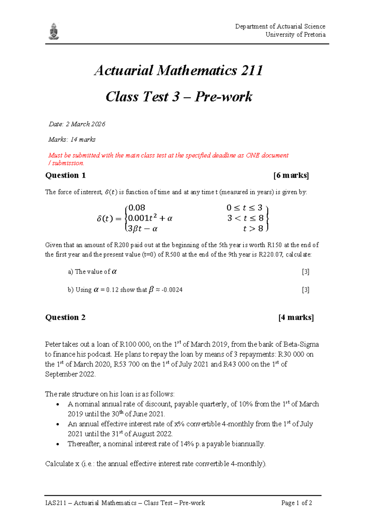 IAS211 Actuarial Mathematics Class Test 3 - March 2026 - Studocu
