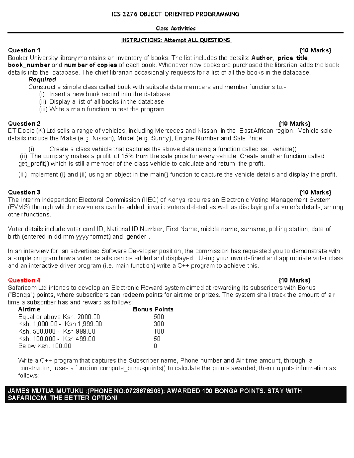 ICS 2276 OBJECT ORIENTED PROGRAMMING Class Activities Questions - Studocu