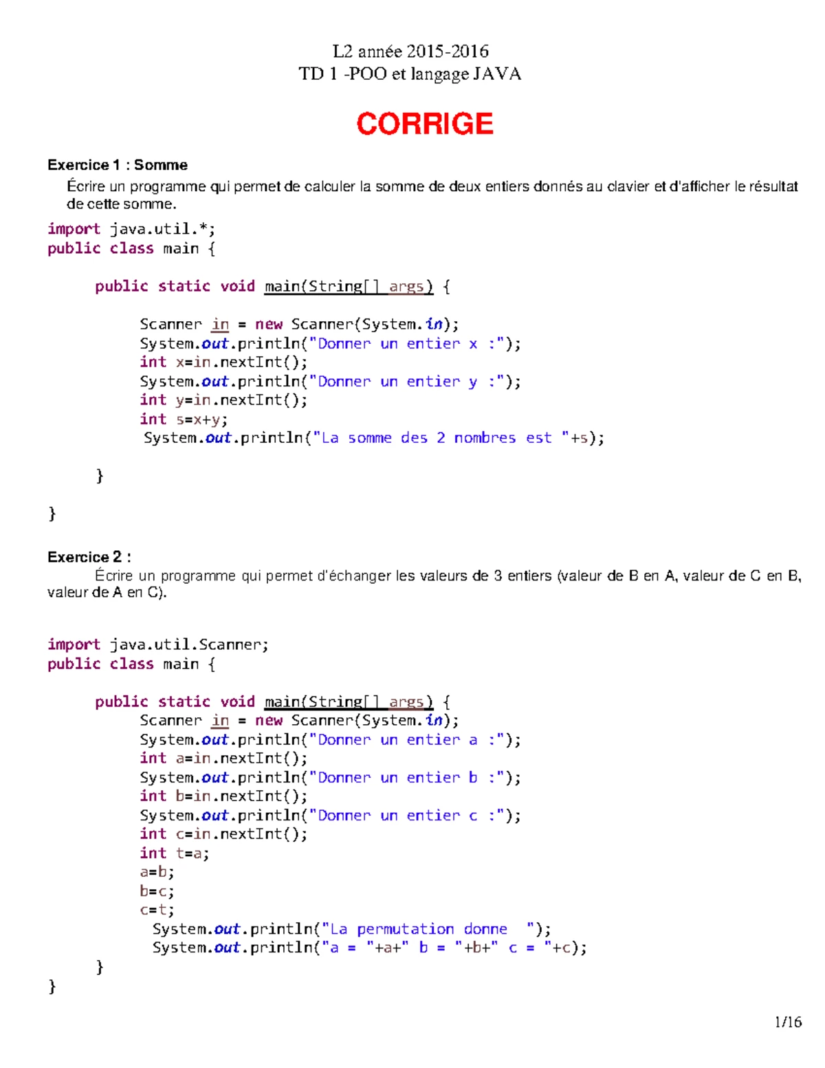Série TD1 2IG - Exercices de Programmation en Java - Studocu