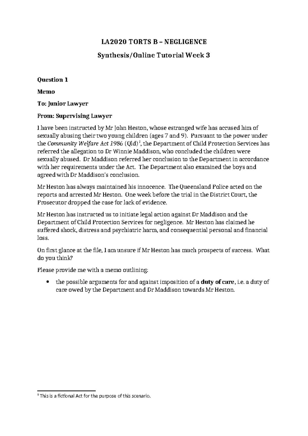 LA2020 Torts B - Negligence: Week 3 Online Tutorial Overview - Studocu