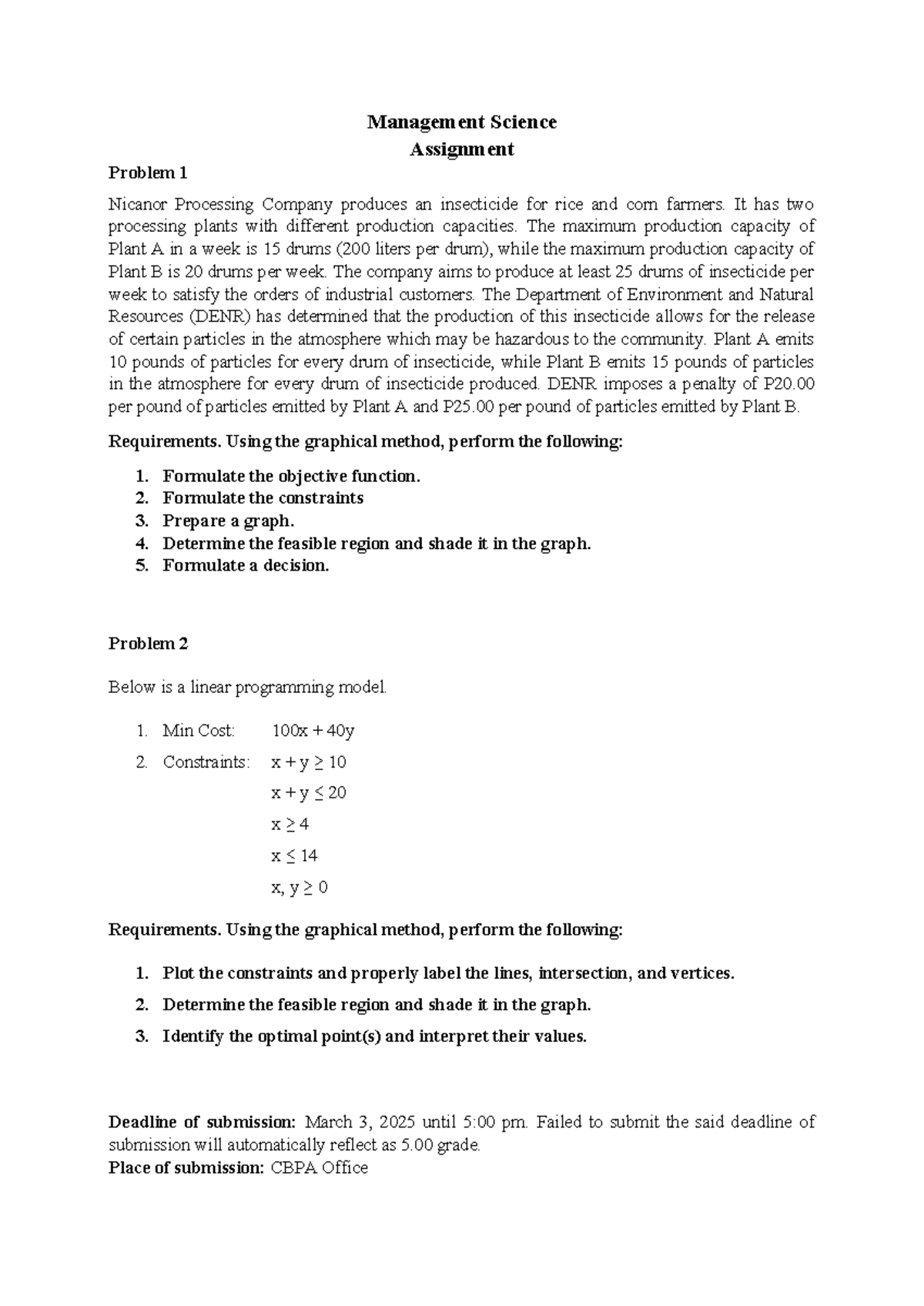 Management Science Assignment: Graphical Method for Optimization - Studocu