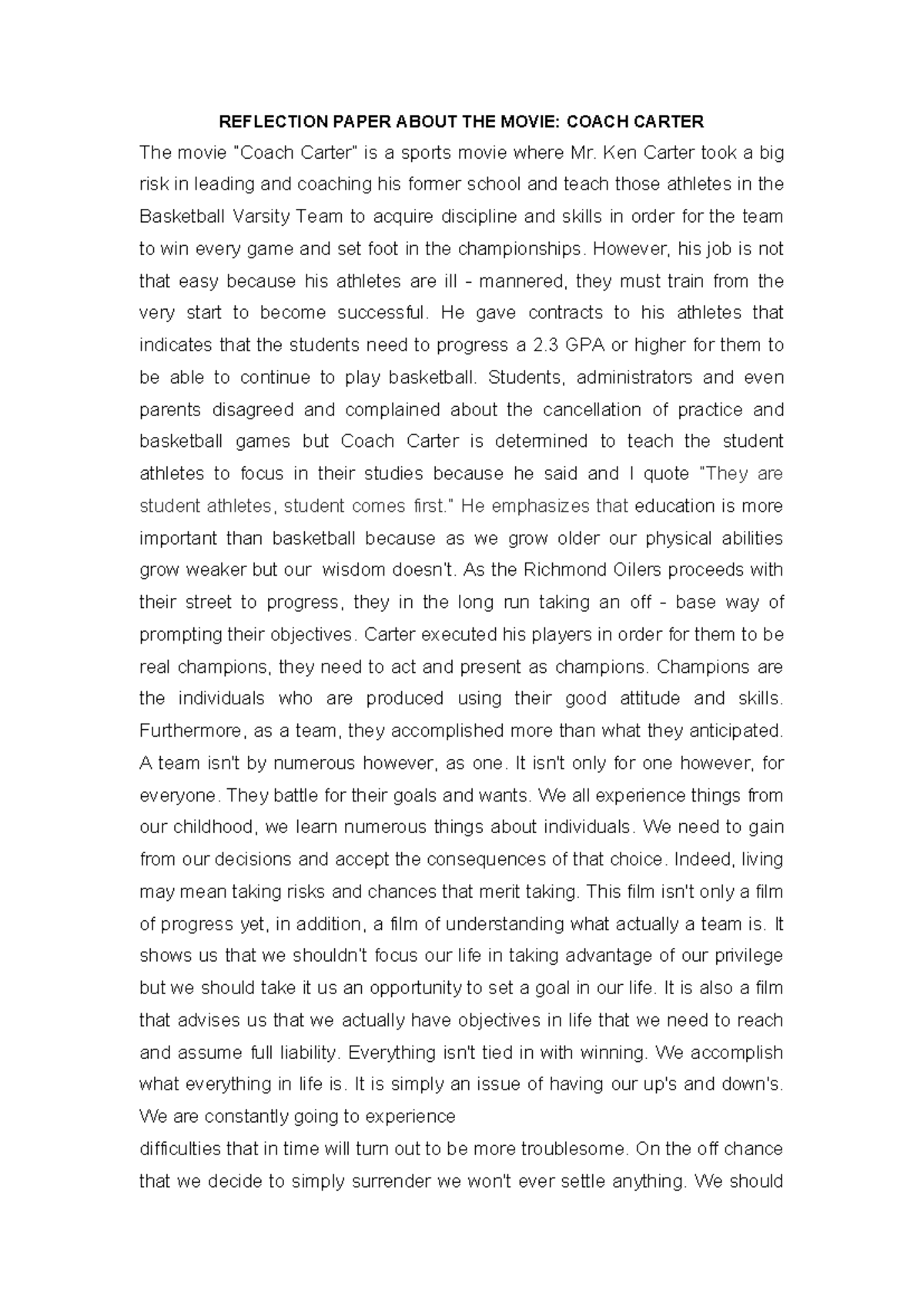 Movie Reflection Paper - REFLECTION PAPER ABOUT THE MOVIE: COACH CARTER ...