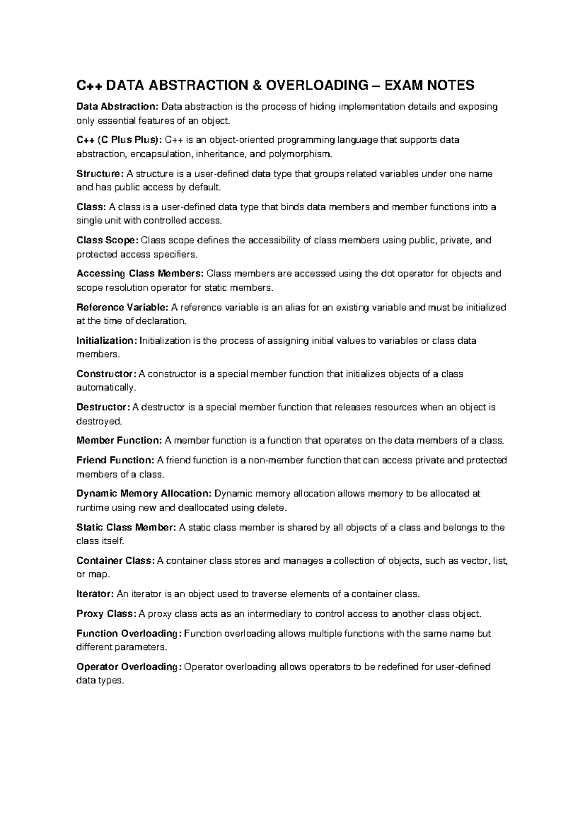 C++ DATA ABSTRACTION & OVERLOADING EXAM NOTES - Studocu