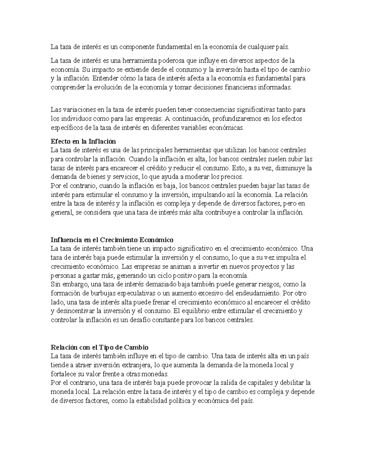 Investigación sobre la Tasa de Interés y su Impacto Económico - Studocu