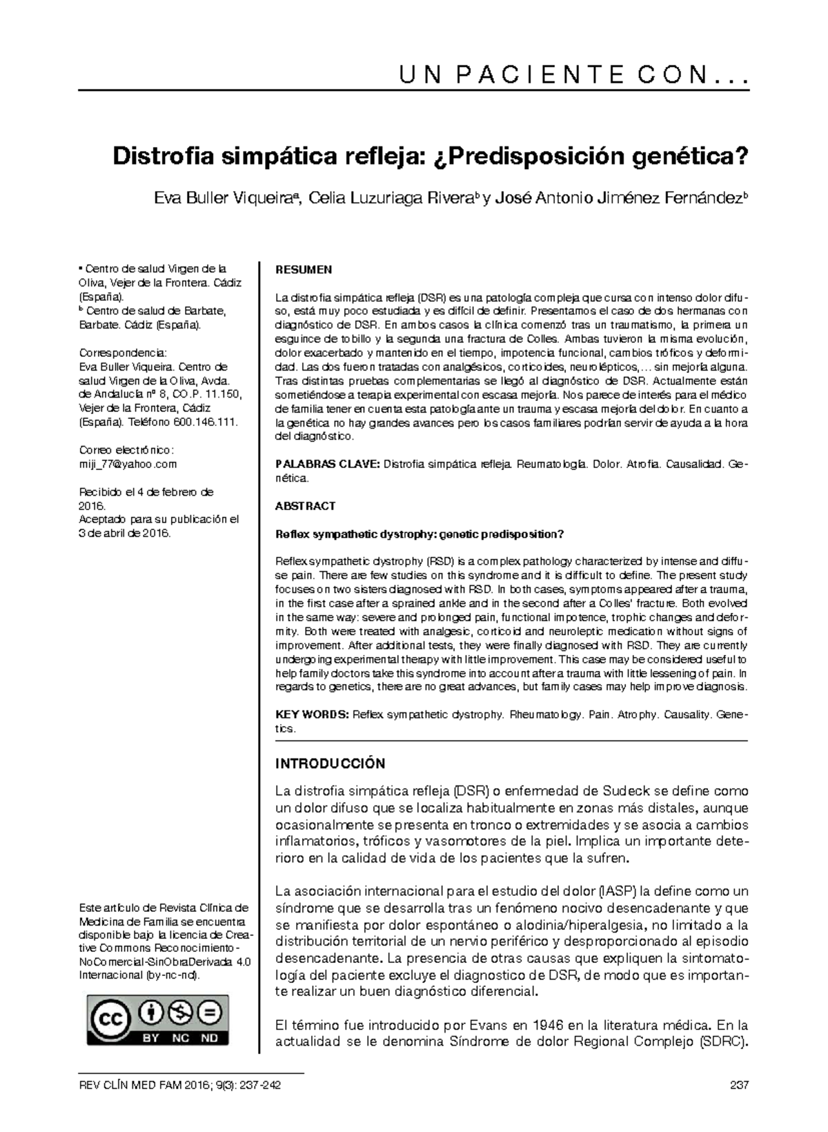 Distrofia Simpática Refleja: Estudio de Casos y Genética (Rev Clin Med ...