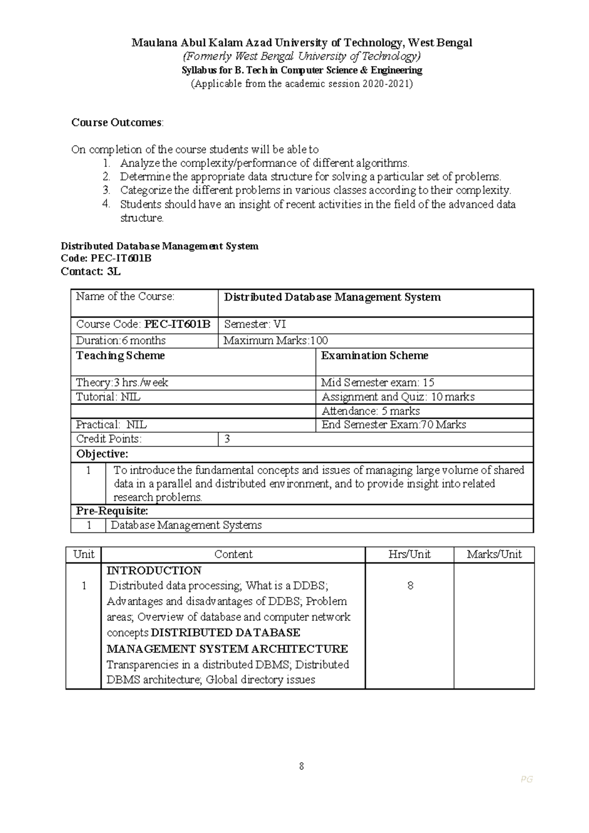 Distributed Database Management System Syllabus (PEC-IT601B) - Studocu