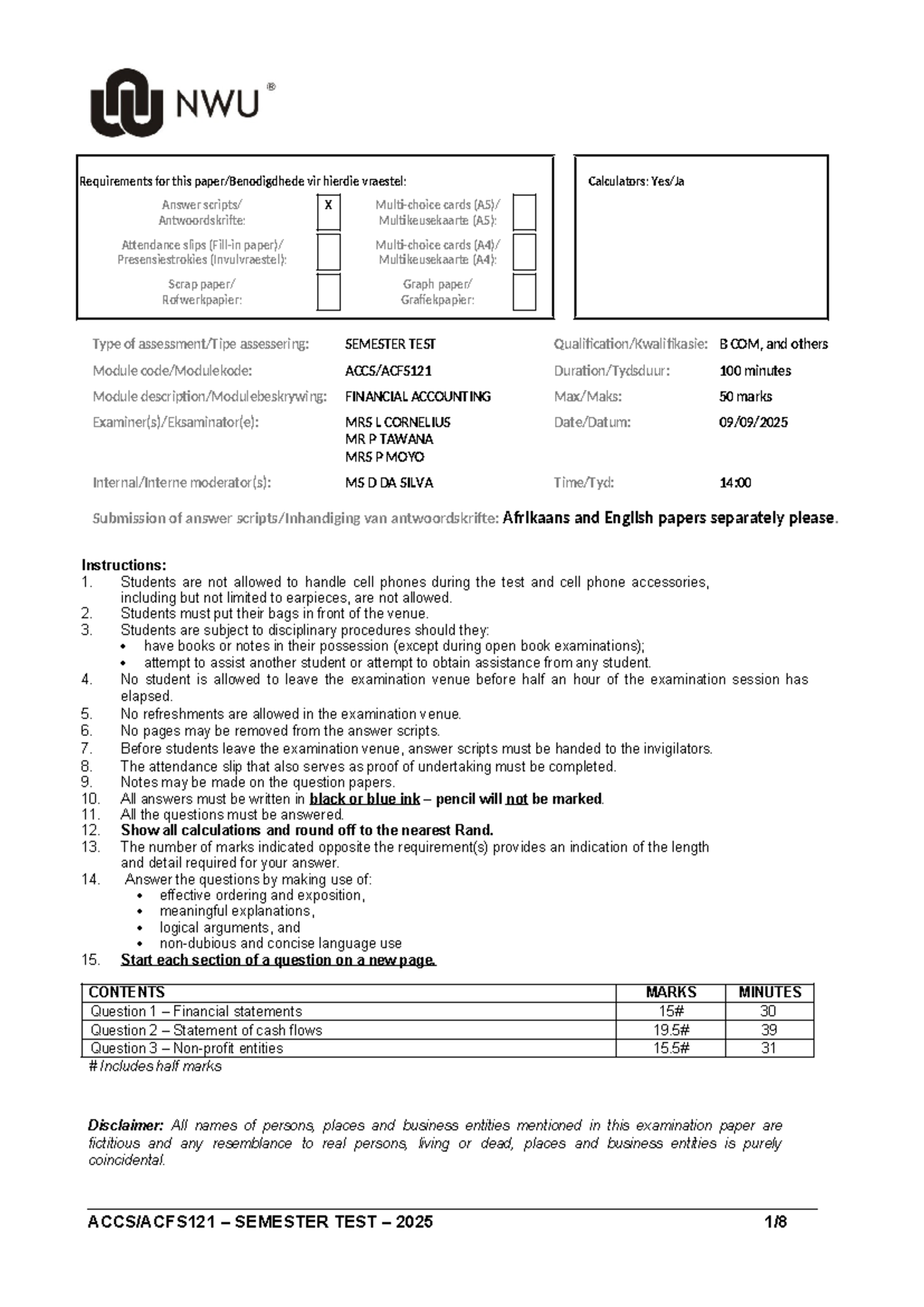 2025 ACCS121 Semester Test: Financial Accounting Requirements and ...