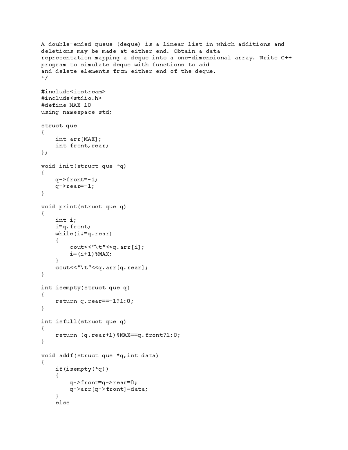 C++ Implementation of Deque: Course Work for Data Structures - Studocu