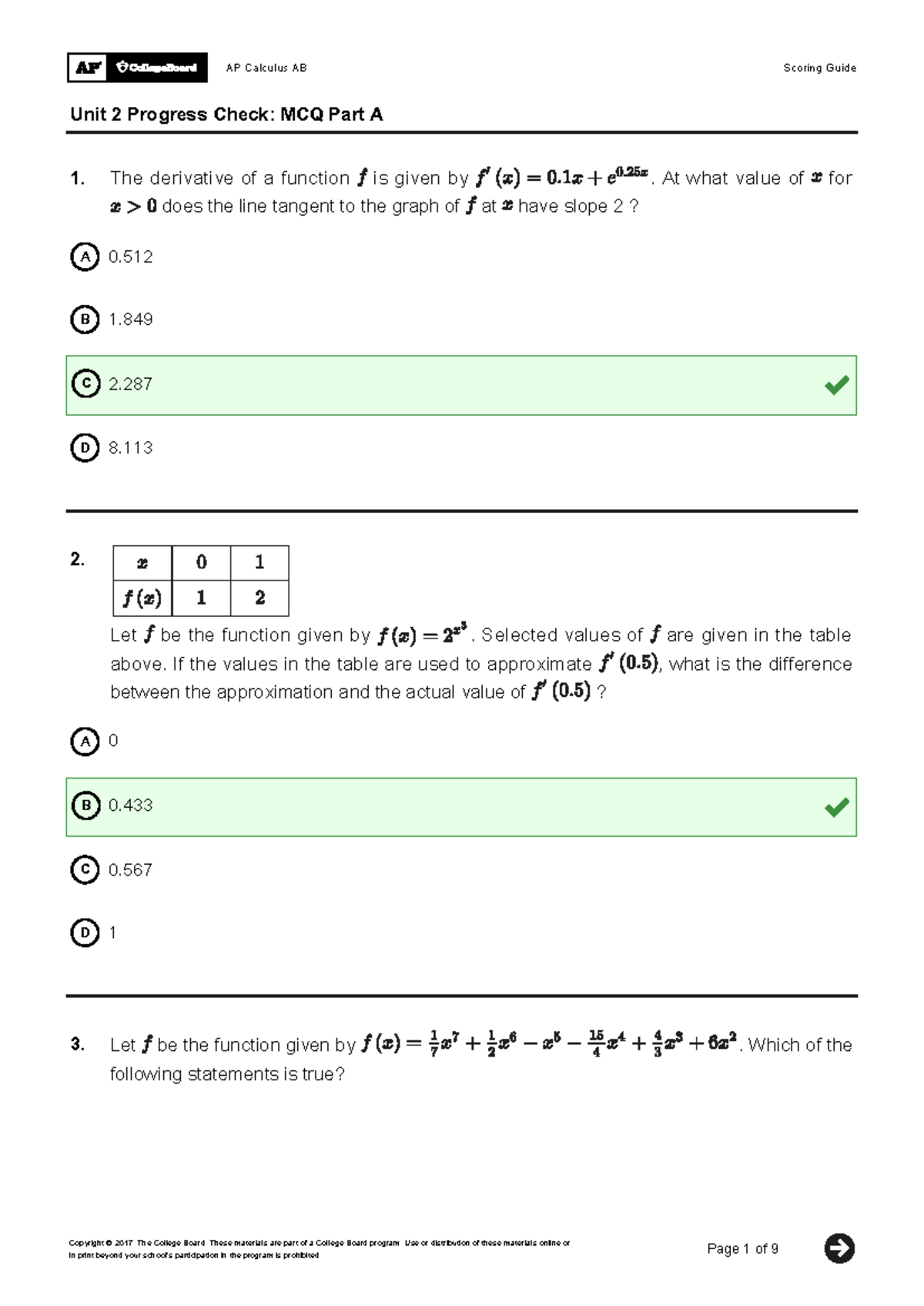 AP Calculus AB Unit 2 Progress Check: MCQ Part A Scoring Guide - Studocu