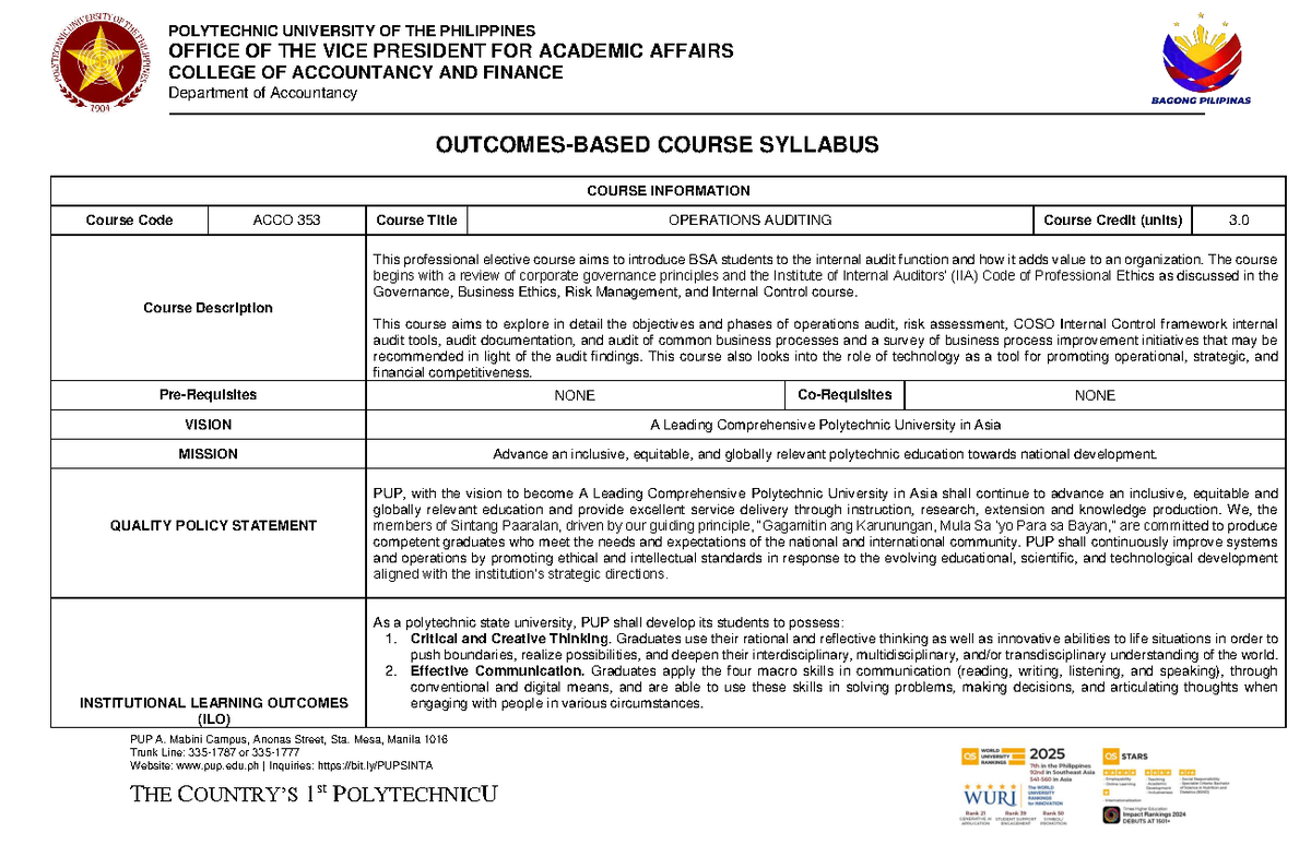 ACCO 353 Syllabus: Operations Auditing Course Overview - Studocu