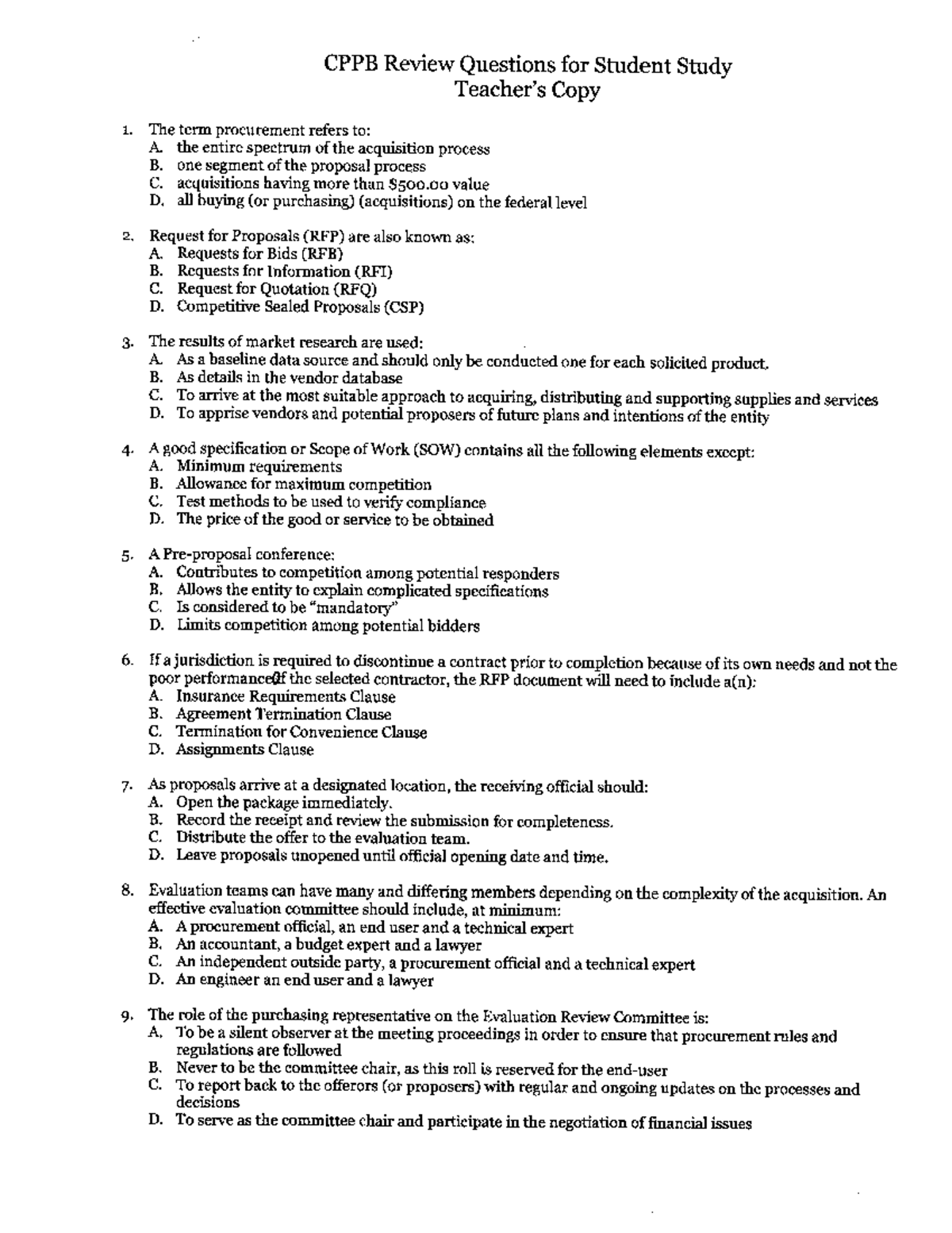 CPPB Study Guide: Key Procurement Concepts and Review Questions