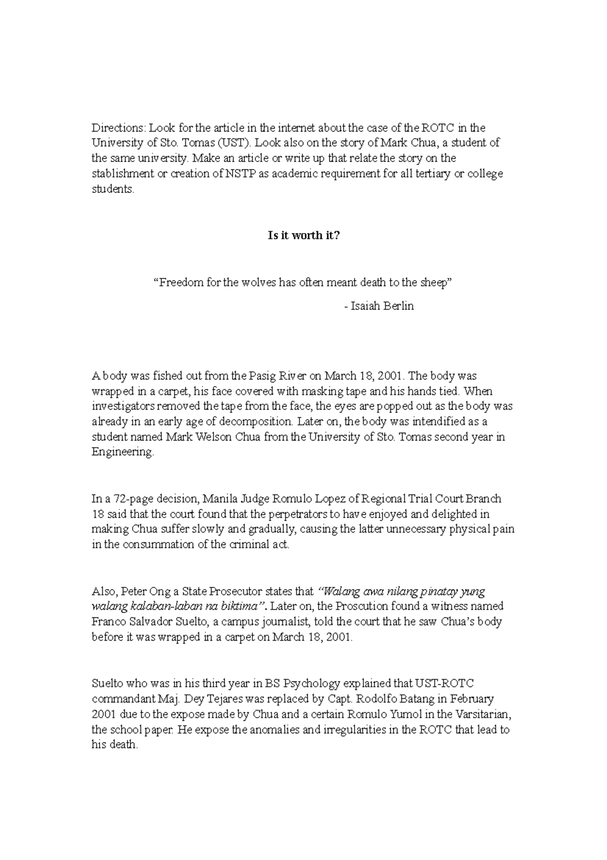 UST ROTC Case Study: Impact of Mark Chua's Death on NSTP Policies - Studocu