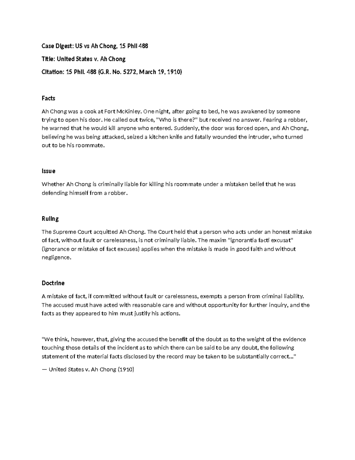 Case Digest: US v. Ah Chong, 15 Phil 488 - Self-Defense Analysis - Studocu