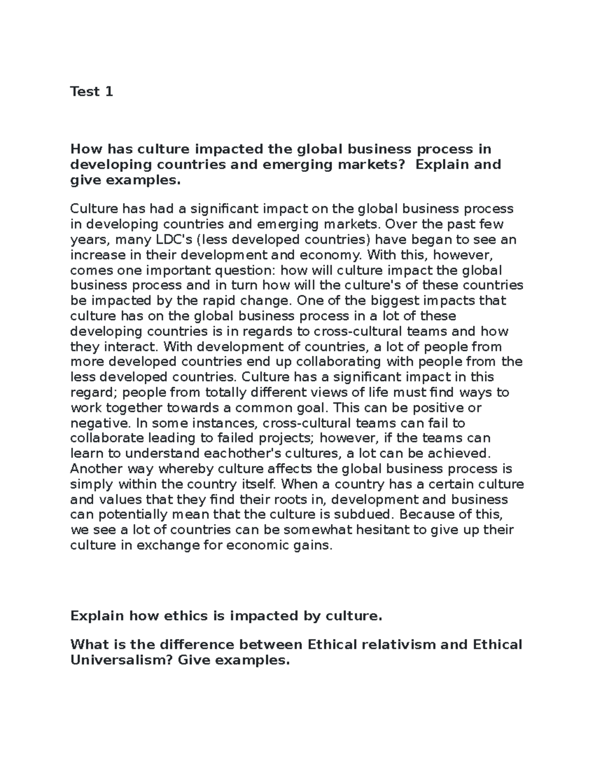 Test 1 - Impact of Culture on Global Business Processes - Studocu