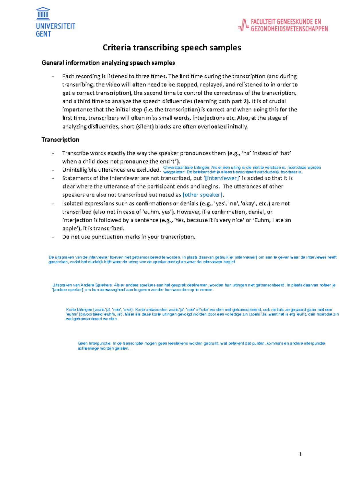 Learning path PART 1 Transcription - 1 Criteria transcribing speech ...