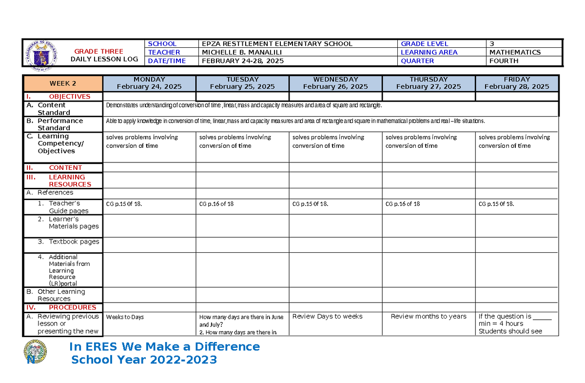 Q4-WK2-MATH3 - Grade 3 Daily Lesson Log for Mathematics - Studocu