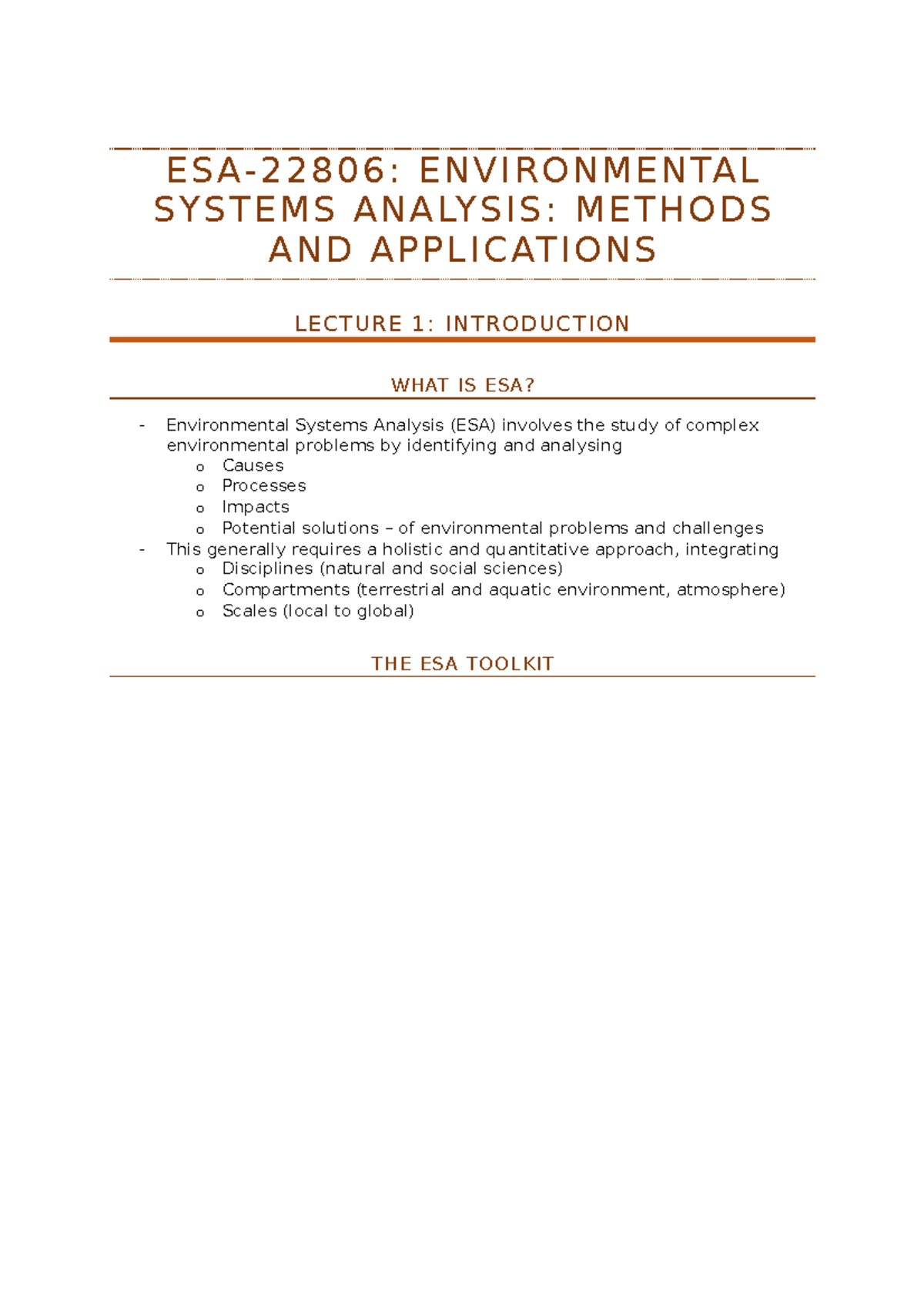 ESA-22806: Lecture 1 Summary on Environmental Systems Analysis ...