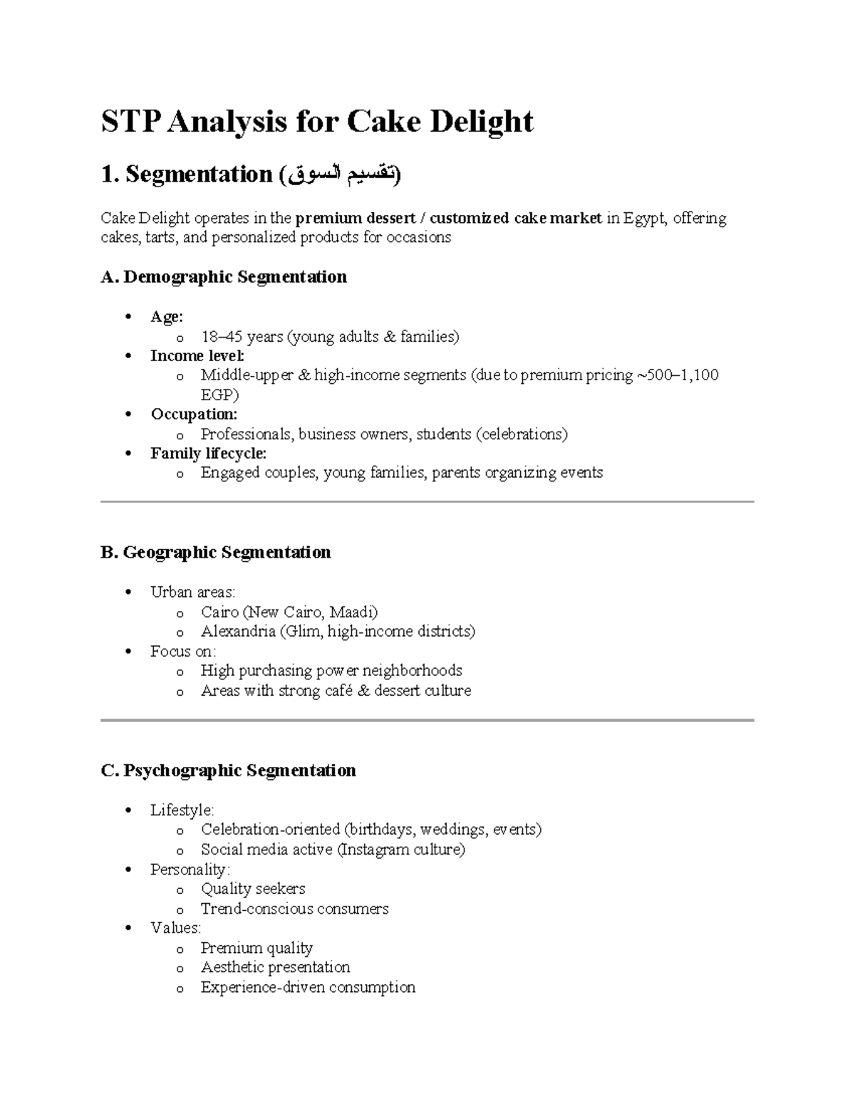 STP Analysis for Cake Delight: Market Segmentation & Targeting - Studocu