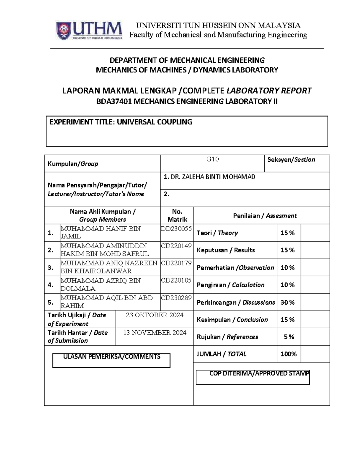 BDA37401 Complete Laboratory Report on Universal Coupling G10 - Studocu