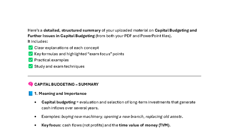 CAPITAL BUDGETING SUMMARY: Key Concepts & Techniques for Exam Prep ...