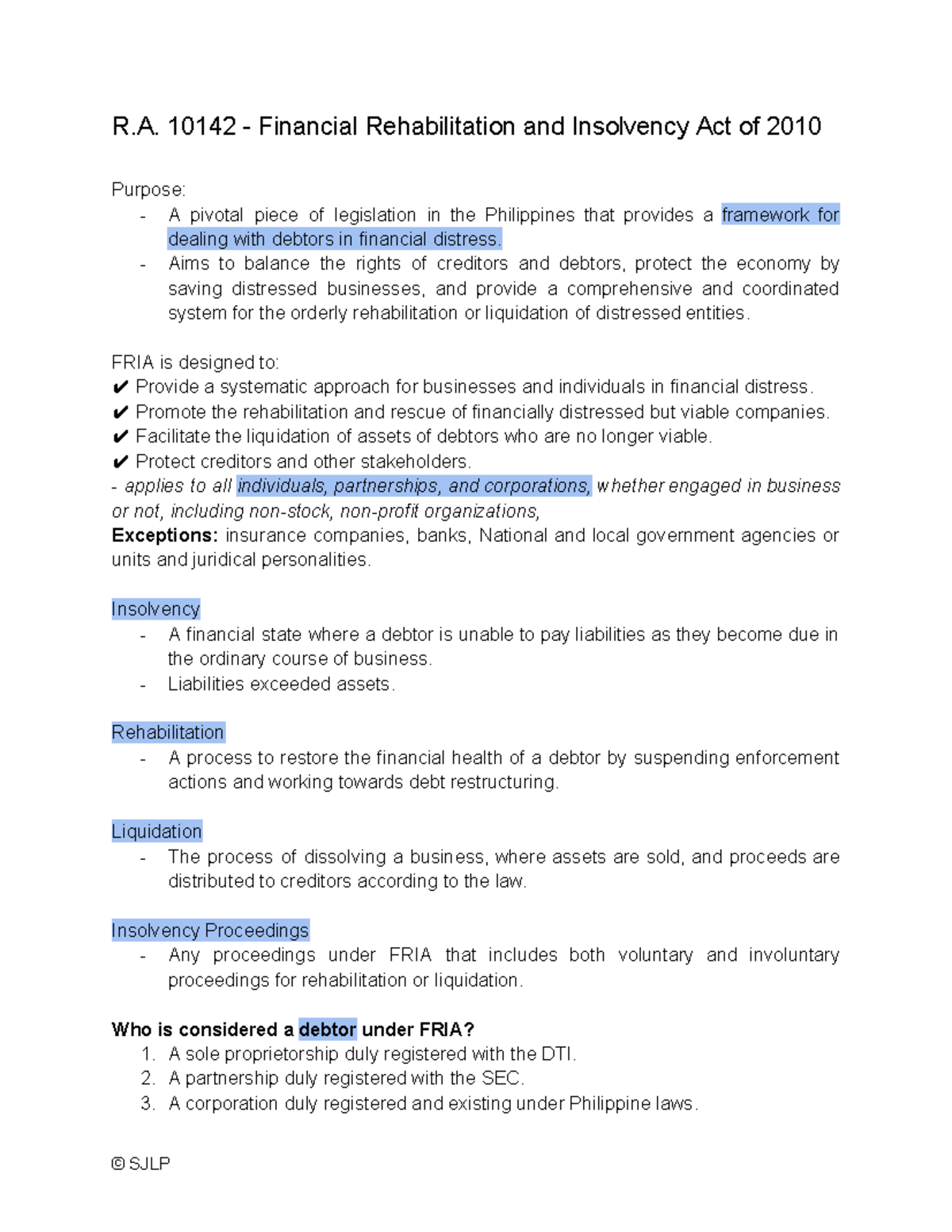 LAW Midterms: Summary Notes on RA 10142 - Financial Rehabilitation and ...