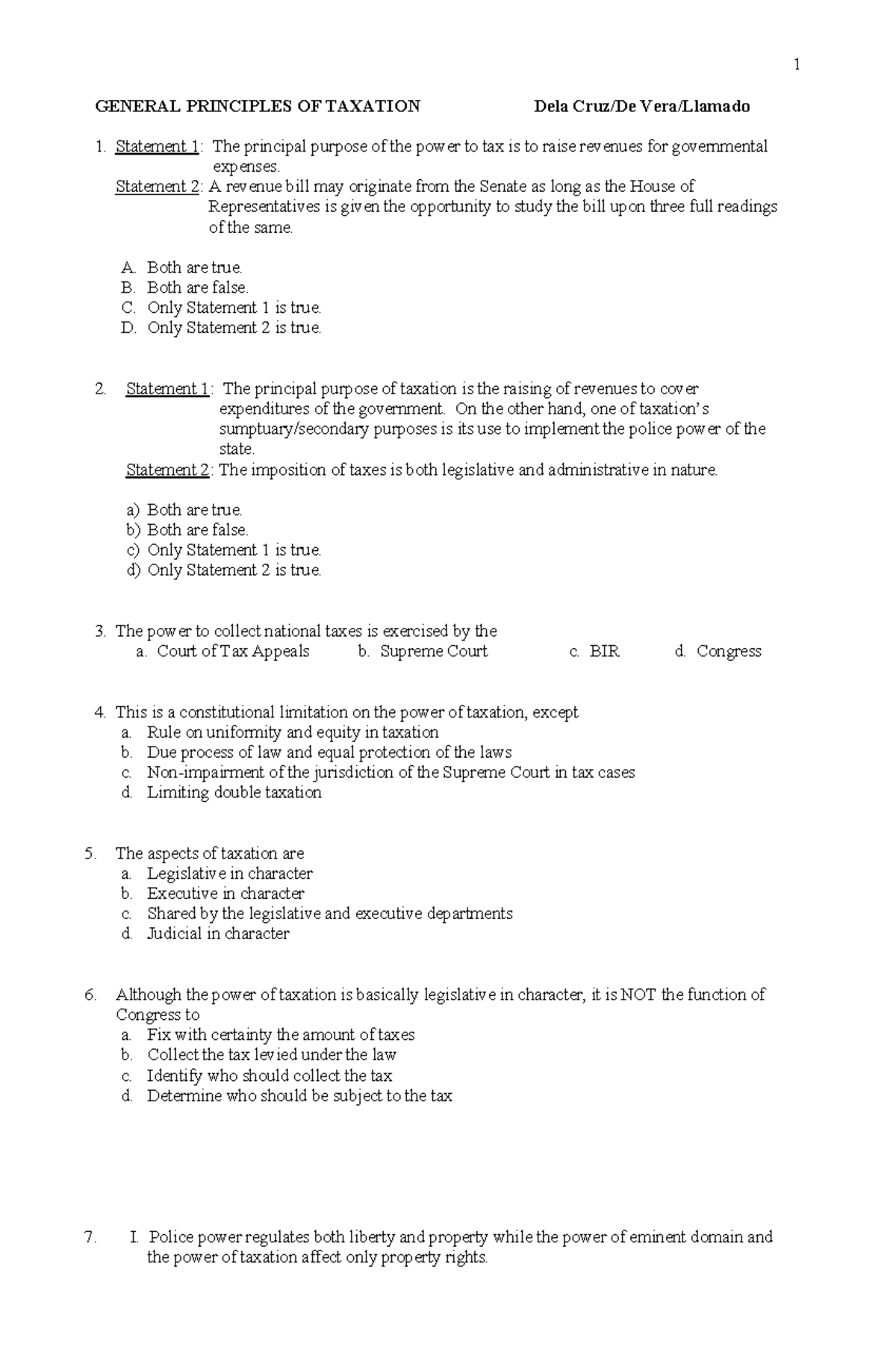 1 GENERAL PRINCIPLES OF TAXATION: Questionnaire and Statements Analysis ...