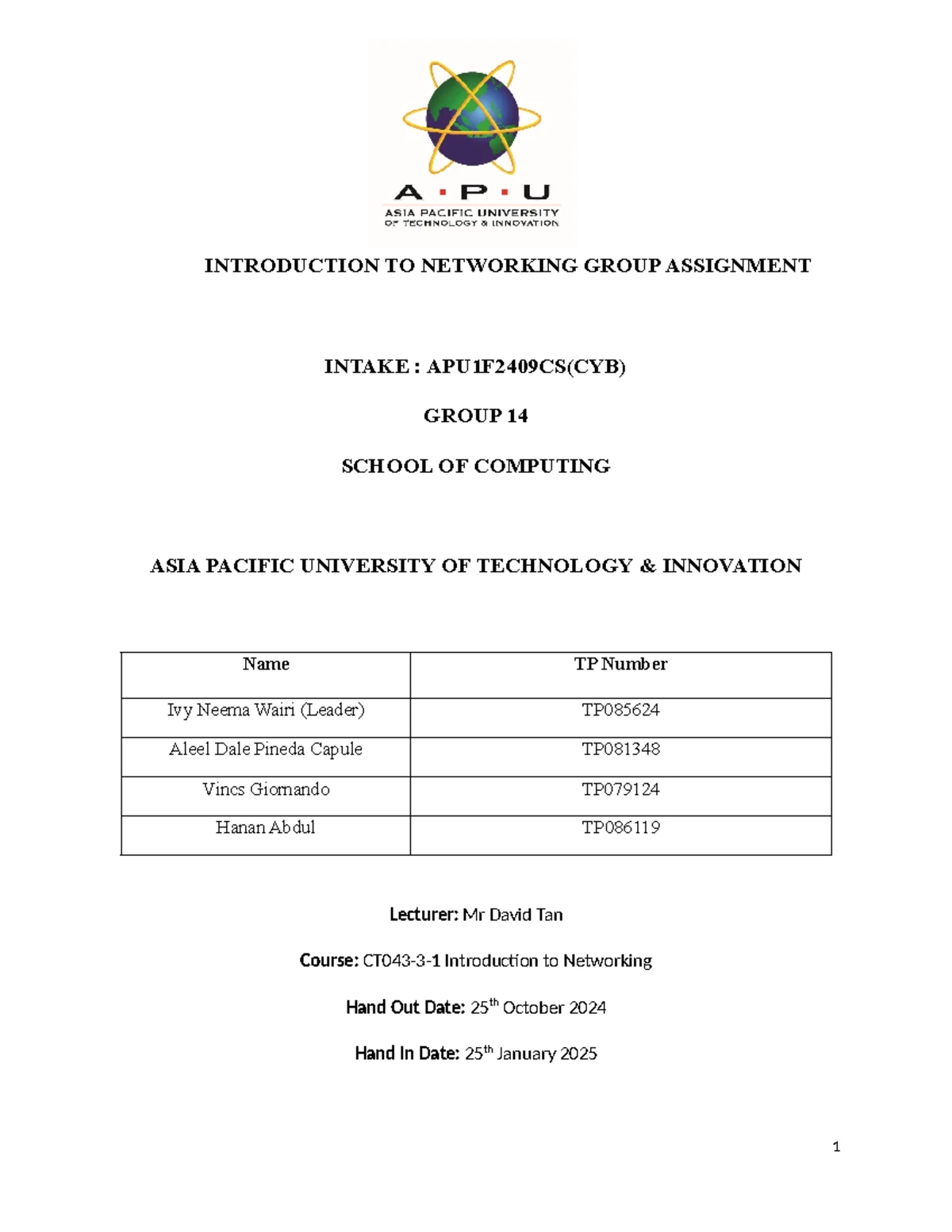 Networking Group Assignment: Introduction to Networking APD1F2307CS(CYB ...