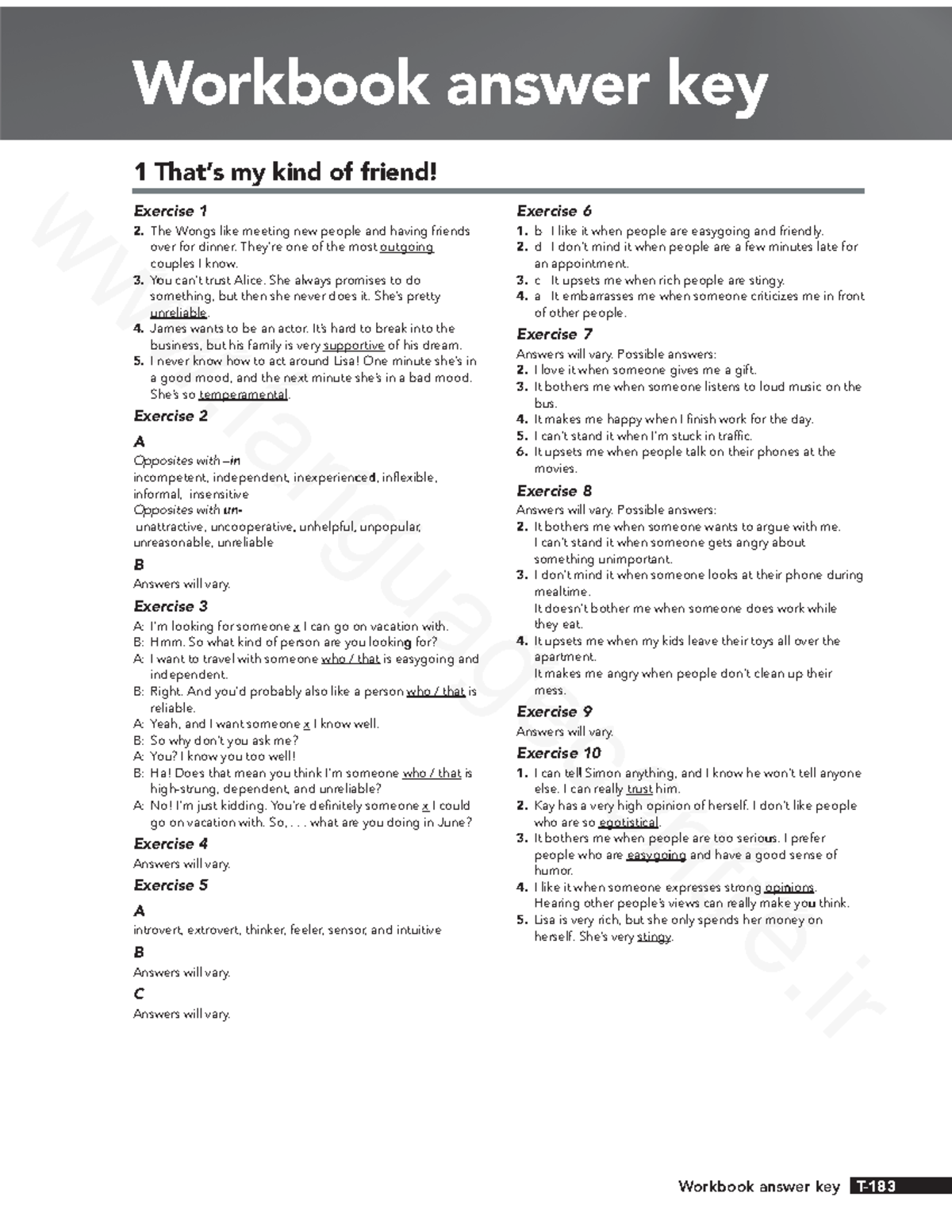 Workbook Answer Key 1: My Kind of Friend Exercises - Studocu