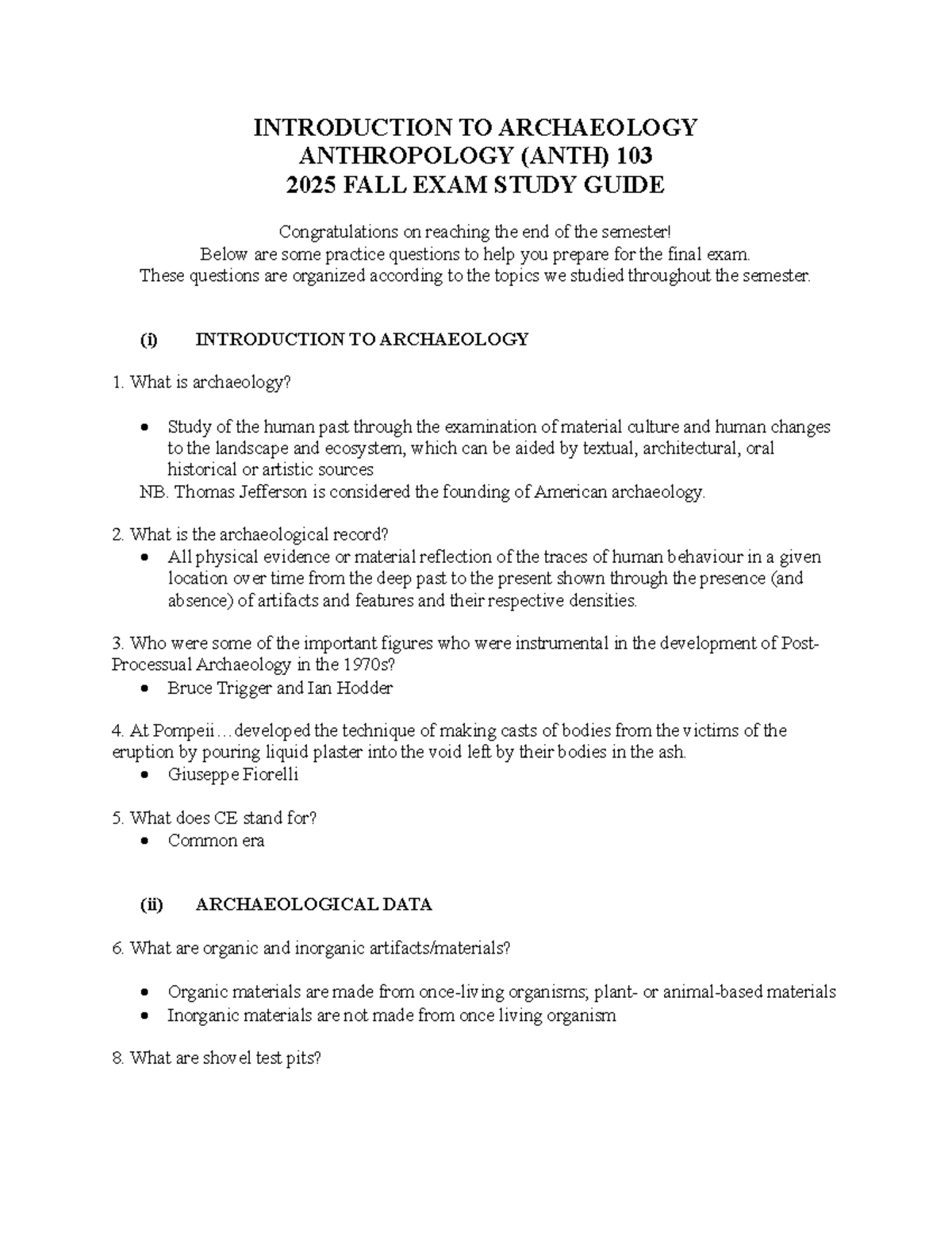 Introduction to Archaeology: ANTH 103 Fall 2025 Final Exam Prep Guide ...