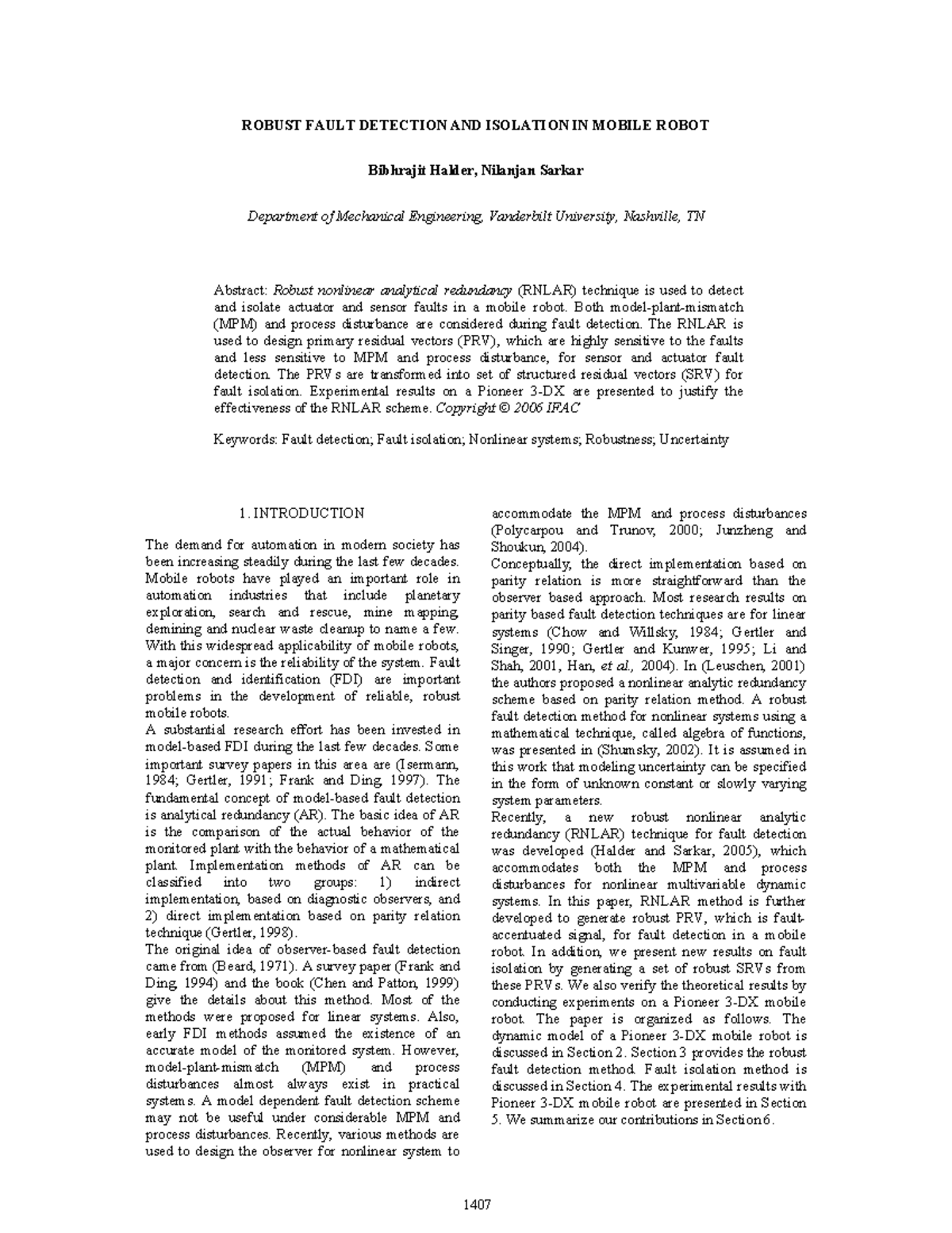 2005-(C) Robust Fault Detection and Isolation in Mobile Robots - Studocu